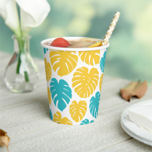Monstera Leaves in Turquoise, Yellow, and White Paper Cups