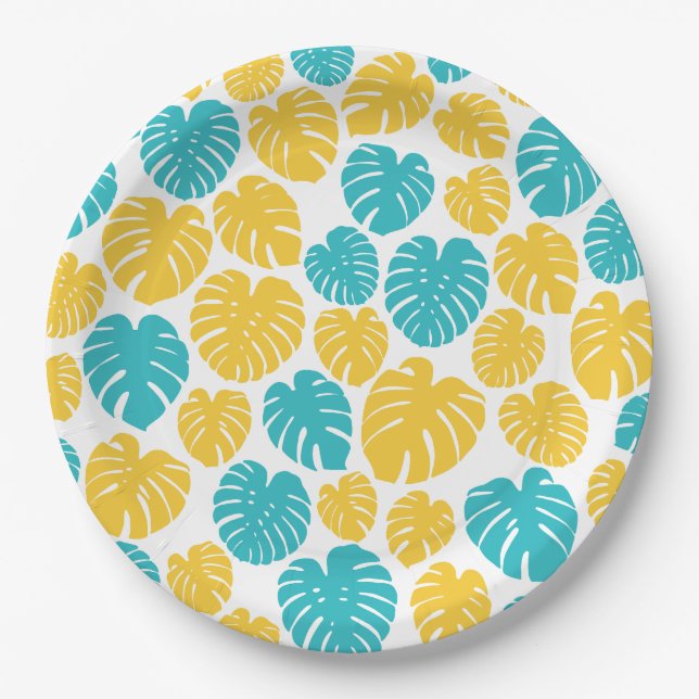 Monstera Leaves in Turquoise, Yellow, and White Paper Plate (Front)