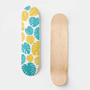Monstera Leaves in Turquoise, Yellow, and White Skateboard