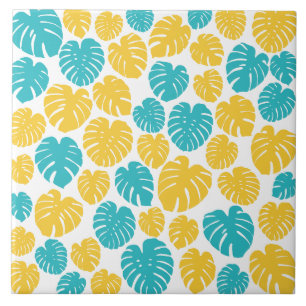 Monstera Leaves in Turquoise, Yellow, and White Tile