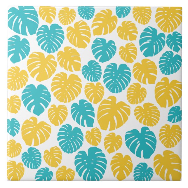 Monstera Leaves in Turquoise, Yellow, and White Tile (Front)