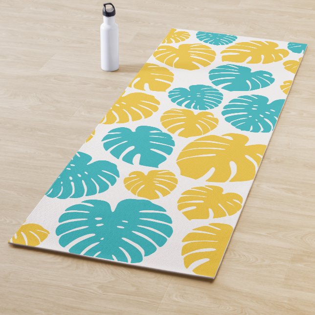 Monstera Leaves in Turquoise, Yellow, and White Yoga Mat (In Situ)