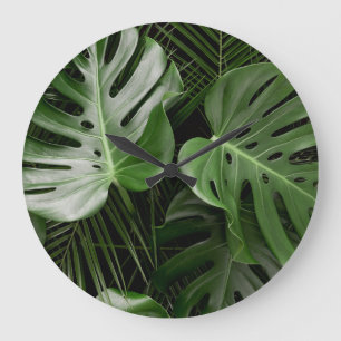 Monstera leaves, luxury tropical layout. large clock
