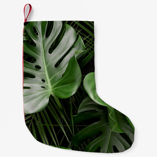 Monstera leaves, luxury tropical layout. small christmas stocking (Front)