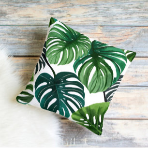 Monstera Leaves Modern Watercolor Botanical Cushion