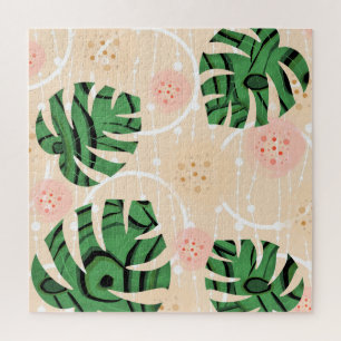Monstera leaves on pink.  jigsaw puzzle