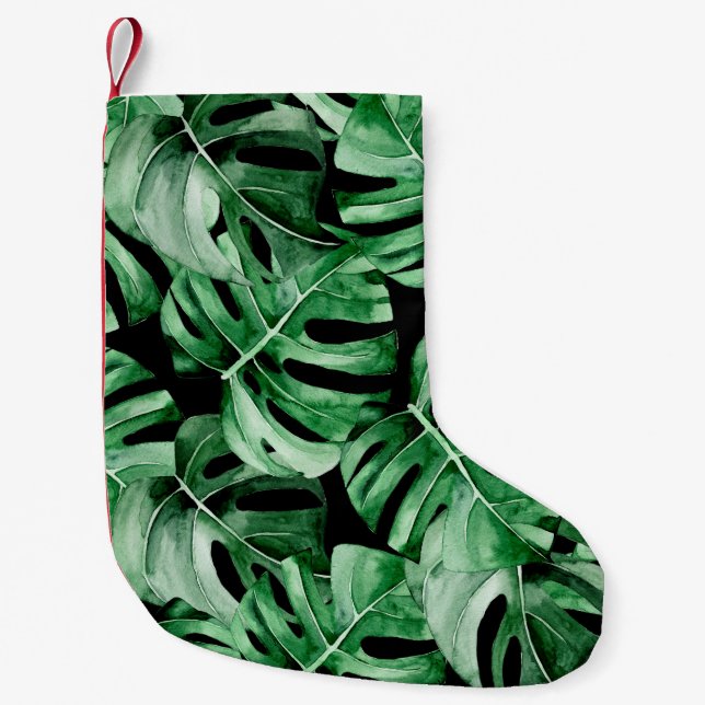Monstera leaves pattern small christmas stocking (Front)