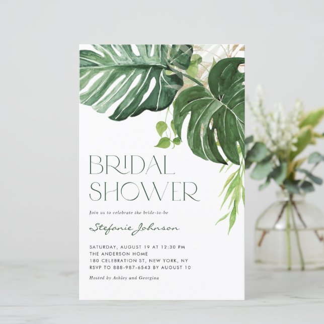 Monstera Leaves Summer Bridal Shower Invitation (Standing Front)