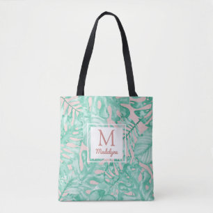 Monstera Leaves Tropical Palm Personalised Blush Tote Bag