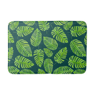 Monstera leaves, tropical watercolor pattern bath mat