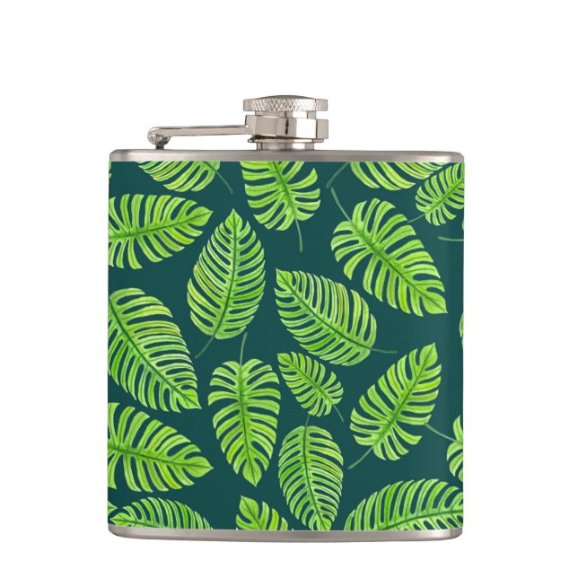 Monstera leaves, tropical watercolor pattern hip flask (Front)