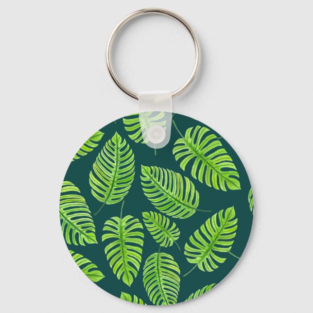 Monstera leaves, tropical watercolor pattern key ring (Front)