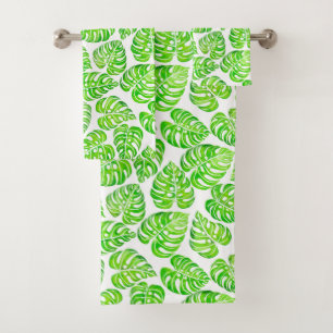 Monstera leaves watercolor bath towel set
