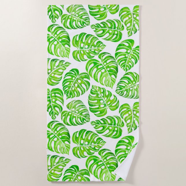 Monstera leaves watercolor beach towel (Front)