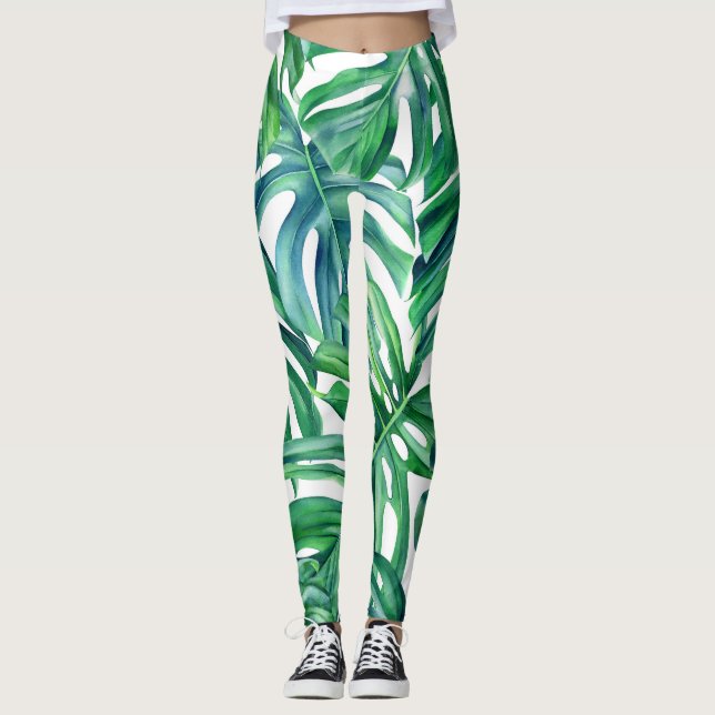 Monstera Leaves: Watercolor Jungle Pattern. Leggings (Front)
