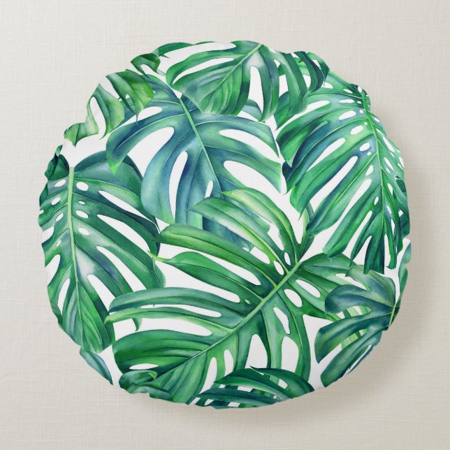 Monstera Leaves: Watercolor Jungle Pattern. Round Cushion (Front)