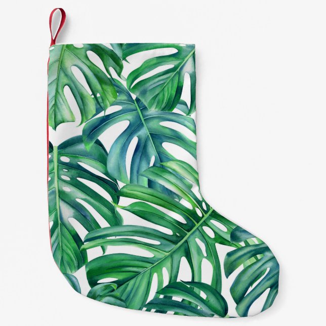 Monstera Leaves: Watercolor Jungle Pattern. Small Christmas Stocking (Front)