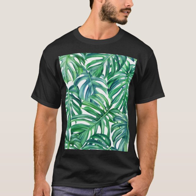 Monstera Leaves: Watercolor Jungle Pattern. T-Shirt (Front)