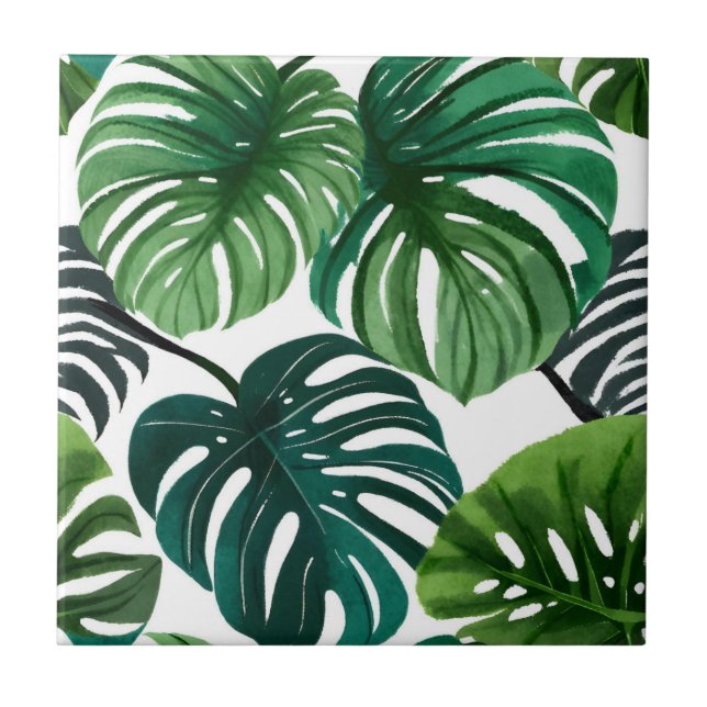 Monstera Leaves Watercolor Modern Botanical Art Tile (Front)