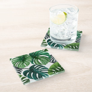 Monstera Leaves Watercolor Modern Botanical Glass Coaster
