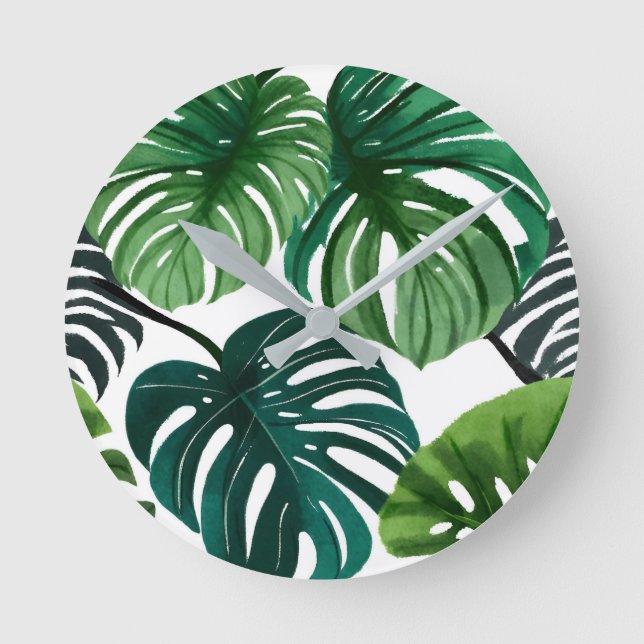 Monstera Leaves Watercolor Modern Botanical Round Clock (Front)