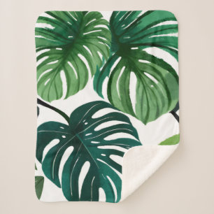 Monstera Leaves Watercolor Modern Botanical Sherpa Blanket