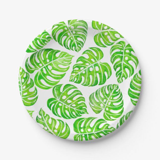 Monstera leaves watercolor paper plate (Front)