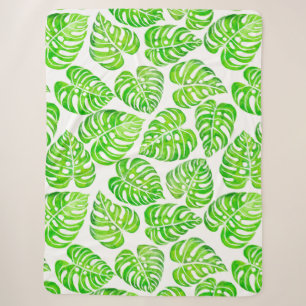 Monstera leaves watercolor sherpa blanket