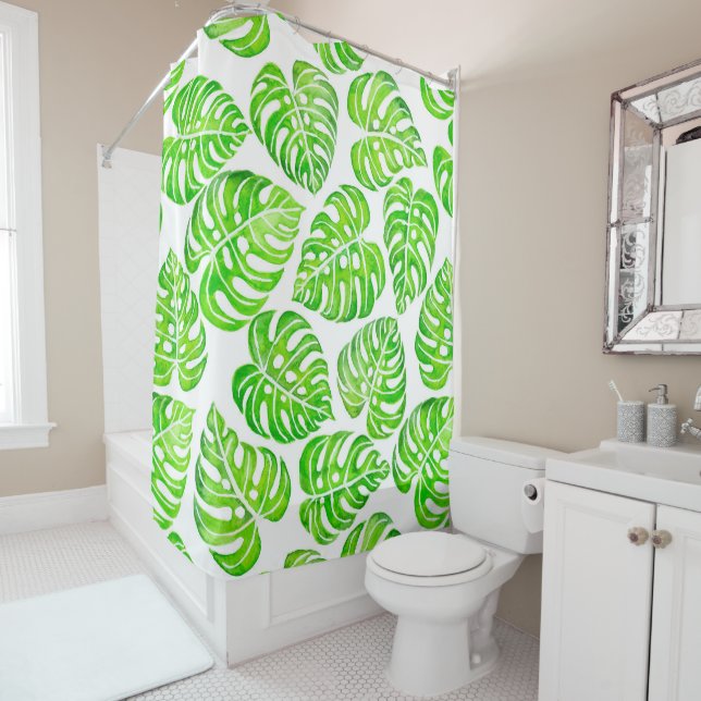 Monstera leaves watercolor shower curtain (In Situ)