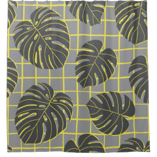 Monstera Leaves: Yellow-Grey Modern Abstract Shower Curtain