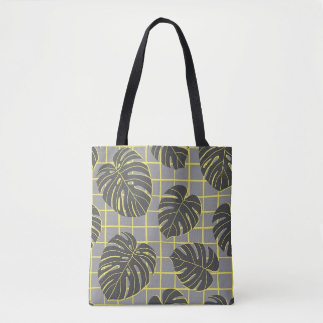 Monstera Leaves: Yellow-Grey Modern Abstract Tote Bag (Front)