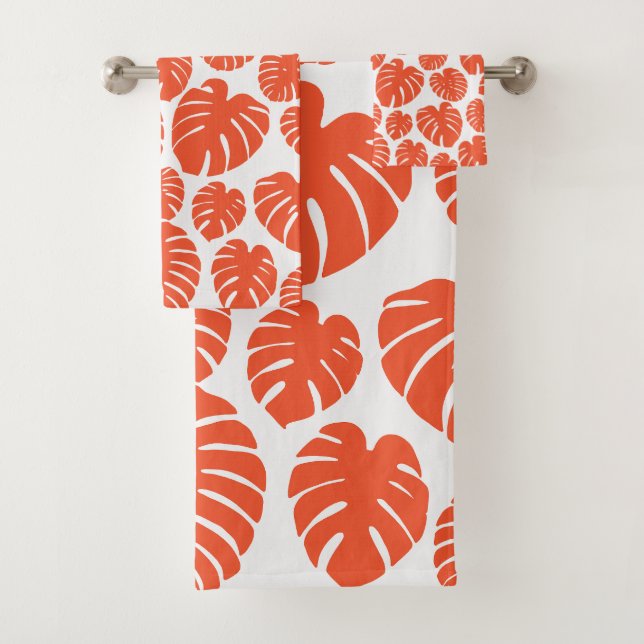 Monstera - Orange and White Bath Towel Set (Insitu)