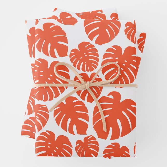 Monstera - Orange and White Wrapping Paper Sheet (In situ)
