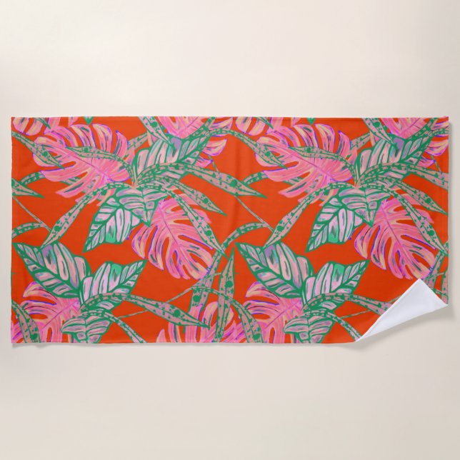 Monstera palm coleus leaf tropical red green pink beach towel (Front)