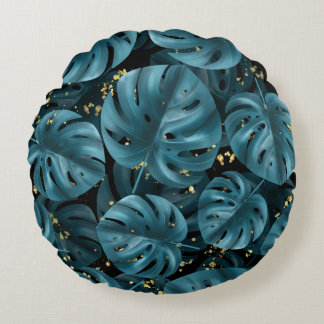 Monstera Palm, Golden Splash Seamless. Round Cushion