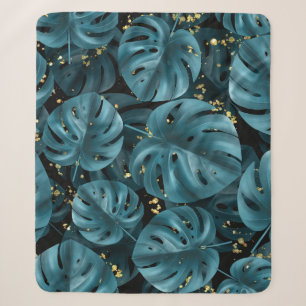 Monstera Palm, Golden Splash Seamless. Sherpa Blanket