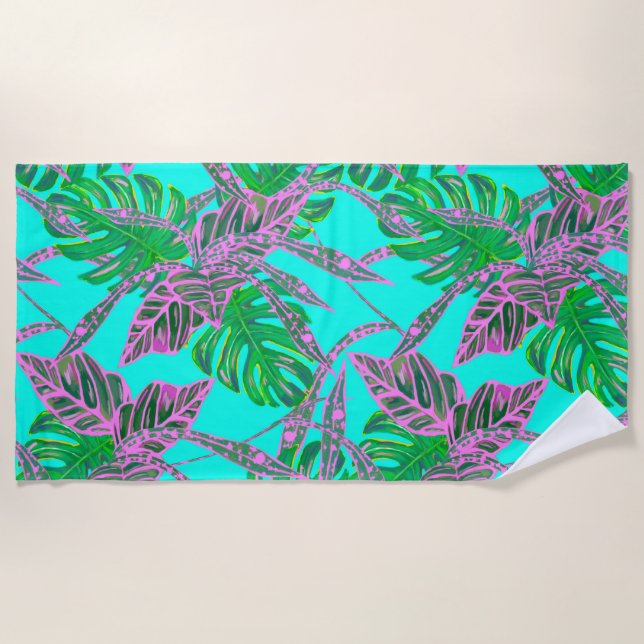 Monstera Palm leaf coleus tropical turquoise pink Beach Towel (Front)
