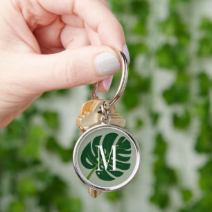 Monstera palm leaf drawing custom monogram key ring