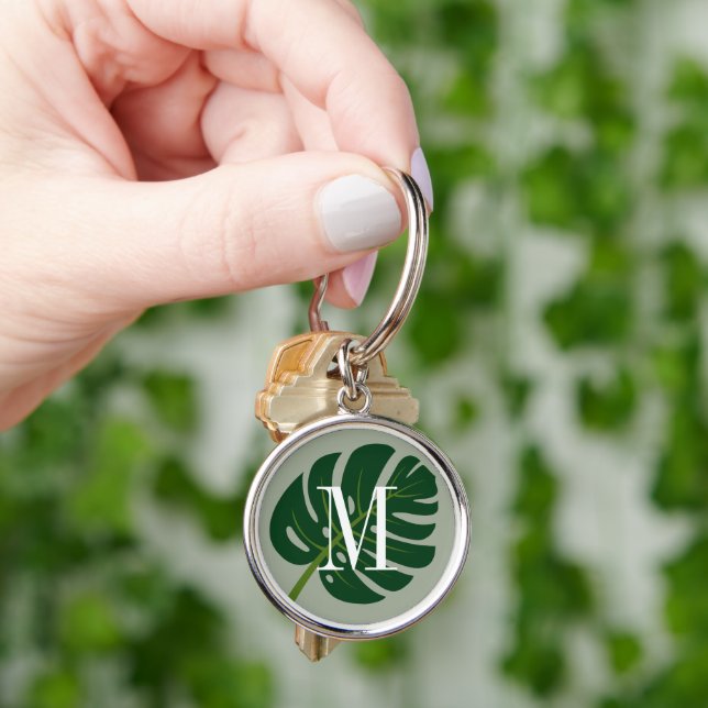Monstera palm leaf drawing custom monogram key ring (Hand)
