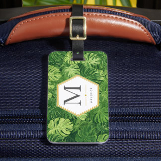 Monstera Palm Leaf Tropical Greenery Gold Hexagon  Luggage Tag