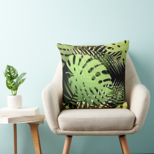 Monstera palm leaves tropical jungle throw pillow