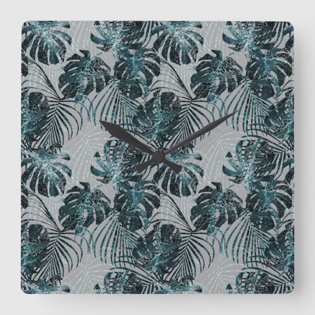 Monstera Palm Leo Animal Print Glam 2 Square Wall Clock (Front)