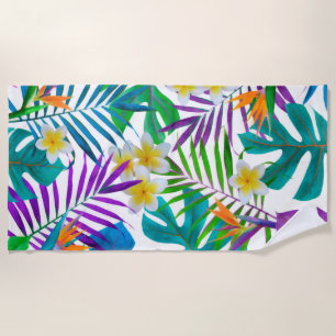 Monstera Palm Trees Plumeria Birds of Paradise Beach Towel