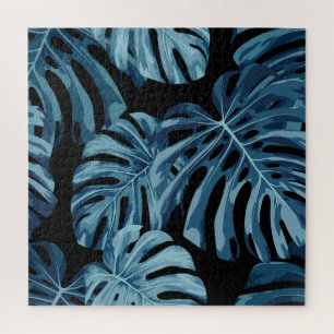 Monstera plant: blue leaves pattern. jigsaw puzzle