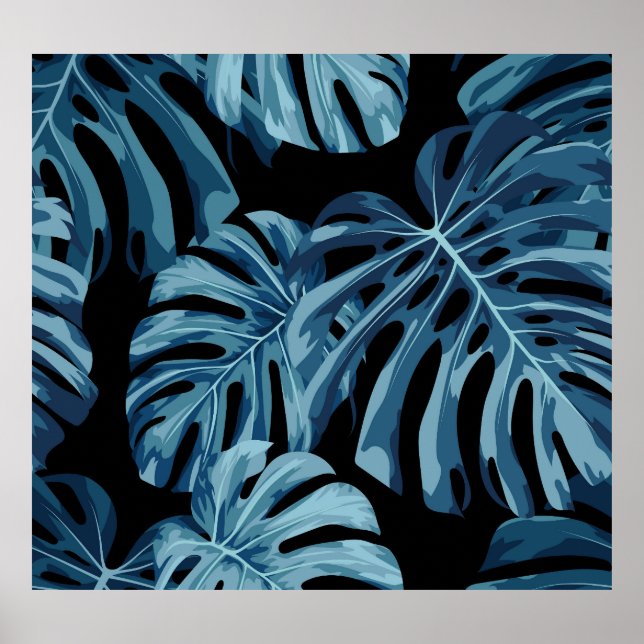 Monstera plant: blue leaves pattern. poster (Front)