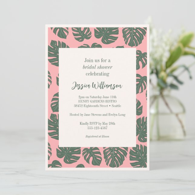 Monstera Plant Botanical Pink Green Bridal Shower Invitation (Standing Front)