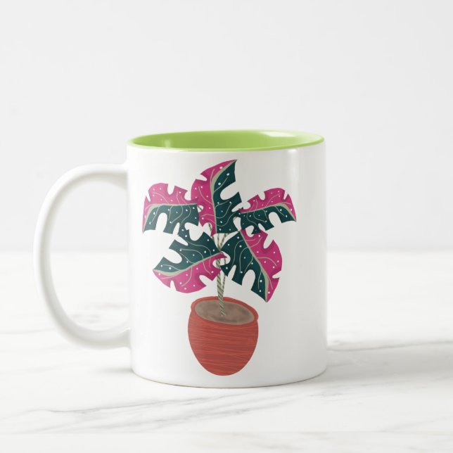 Monstera Plant Pink Green  Two-Tone Coffee Mug (Left)