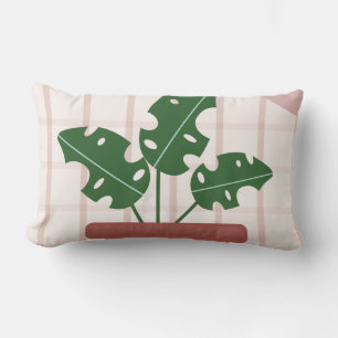 Monstera Plants Terracotta Plaid Background Pink Lumbar Cushion