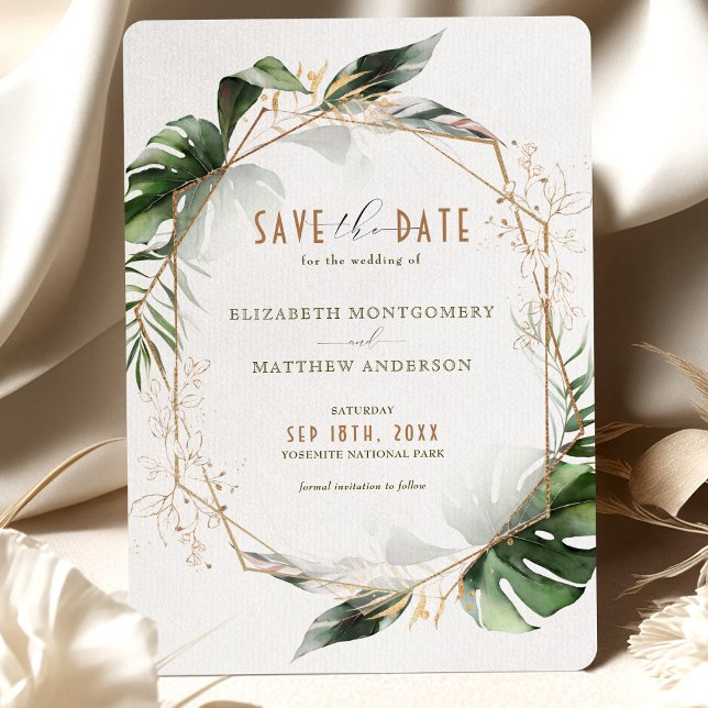Monstera Save The Date Green & Gold Wedding Invitation (Creator Uploaded)