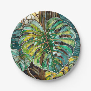 Monstera stained glass paper plate